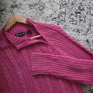 Vintage Wainscott Cableknit Mockneck  1/4 Zip Sweater Pink Womens Size M Cotton